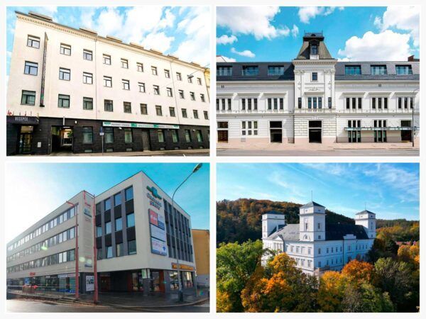 Koláž čtyř nemovitostních projektů z portfolia skupiny e-Finance: eFi Palace a eFi Spa Hotel v Brně, EFI Obchodní galerie v Jihlavě a areál Zámku Račice. Ilustrační vizuál k edukačnímu článku o zajištěných realitních dluhopisech a k dotazům typu e-Finance recenze / e-Finance dluhopisy recenze.