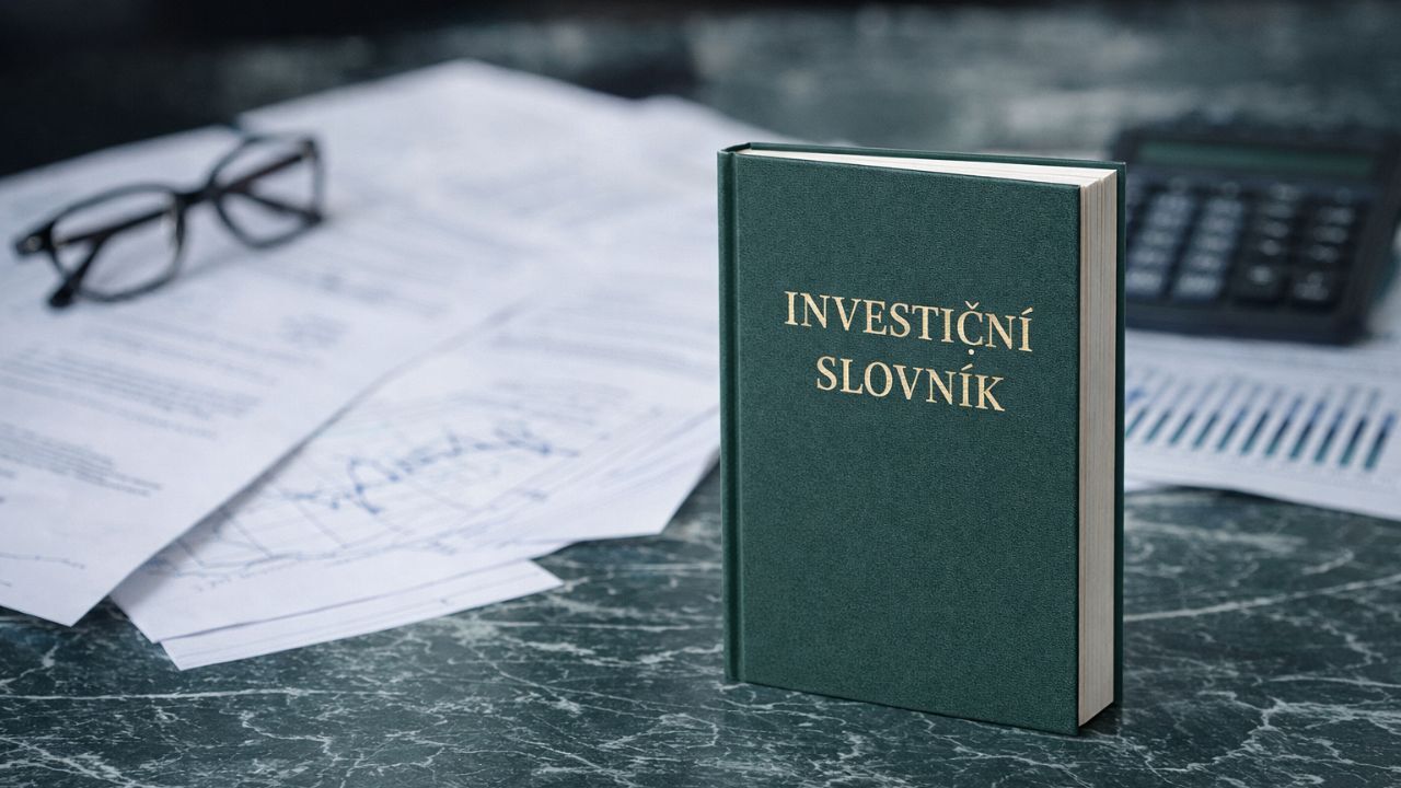 Investiční slovník – tmavě zelená kniha s názvem INVESTIČNÍ SLOVNÍK na pracovním stole s finančními dokumenty