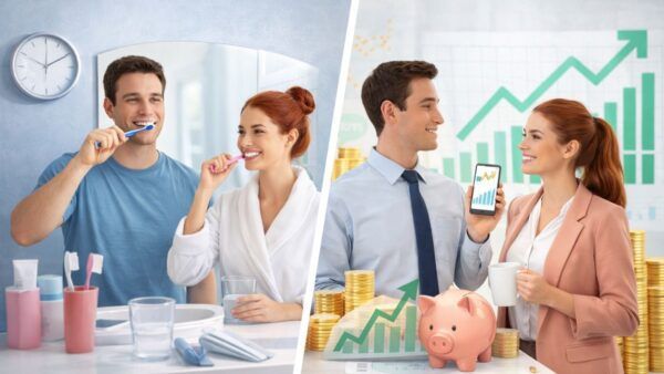 Pár při ranní rutině a sledování investic v mobilu jako symbol pravidelného investování