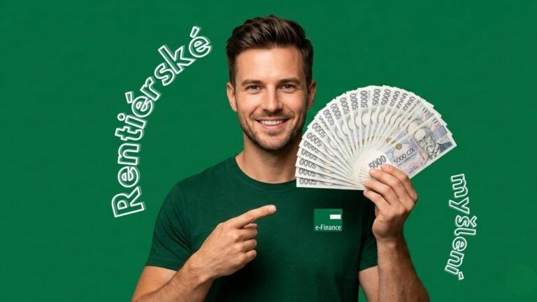 Muž drží české bankovky a ukazuje na ně, symbol rentiérského myšlení a pasivního příjmu z investic.