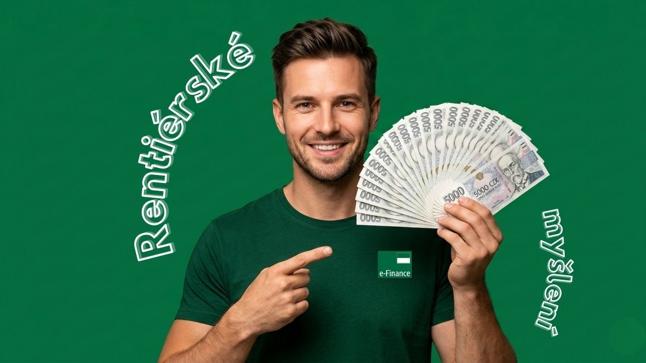 Muž drží české bankovky a ukazuje na ně, symbol rentiérského myšlení a pasivního příjmu z investic.