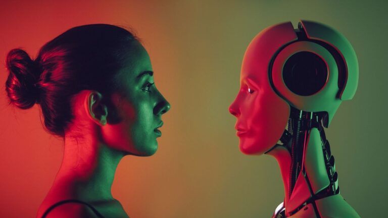 Člověk a robot proti sobě v barevném světle, symbol spolupráce a rozhodování v investování
