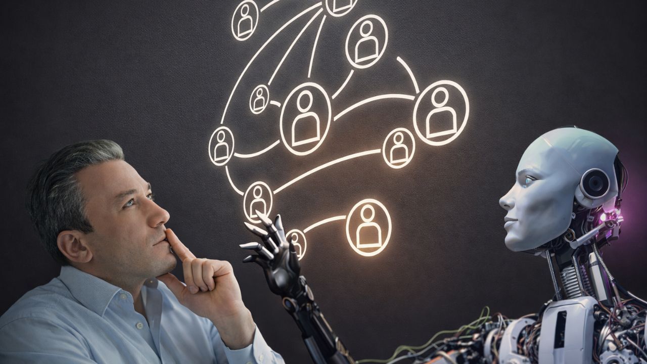 Umělá inteligence v investování – člověk a robot analyzují propojení a rozhodování