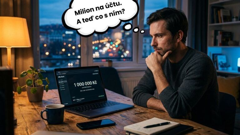 Muž sleduje stav účtu 1 000 000 Kč na notebooku a přemýšlí o investování do realitního fondu