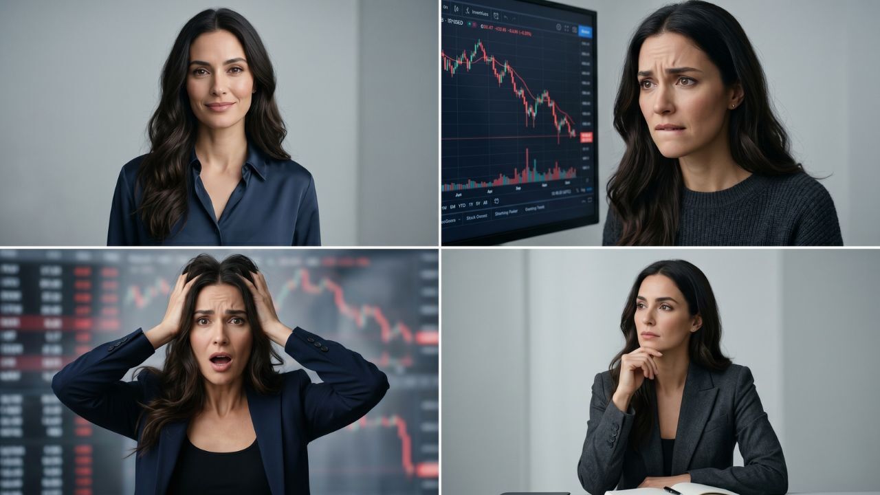 Žena zobrazující různé emoce spojené s investiční psychologií a rozhodováním investorů.