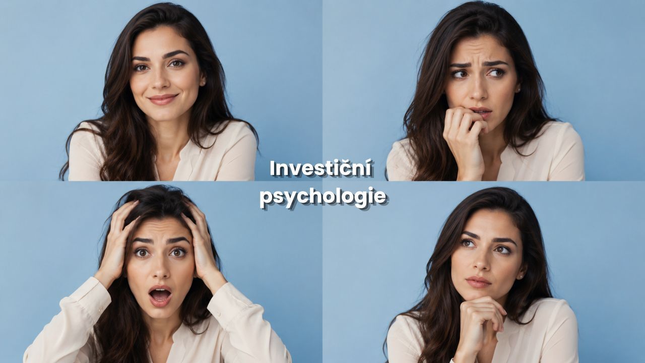 Žena zobrazující různé emoce spojené s investiční psychologií a rozhodováním investorů.