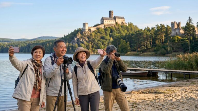 Skupina japonských turistů se fotí u Máchova jezera s hradem Bezděz v pozadí. Ilustrace k tématu, proč dnes vyjde Japonsko levněji než Mácháč.