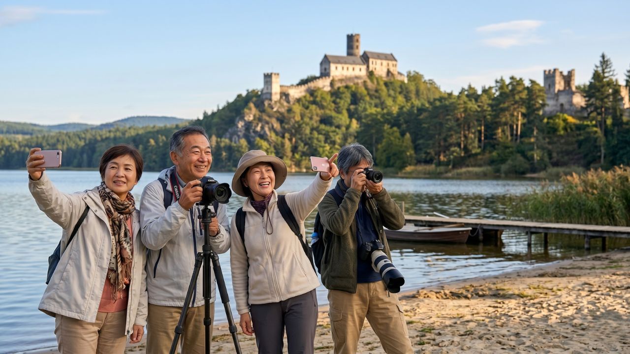 Skupina japonských turistů se fotí u Máchova jezera s hradem Bezděz v pozadí. Ilustrace k tématu, proč dnes vyjde Japonsko levněji než Mácháč.