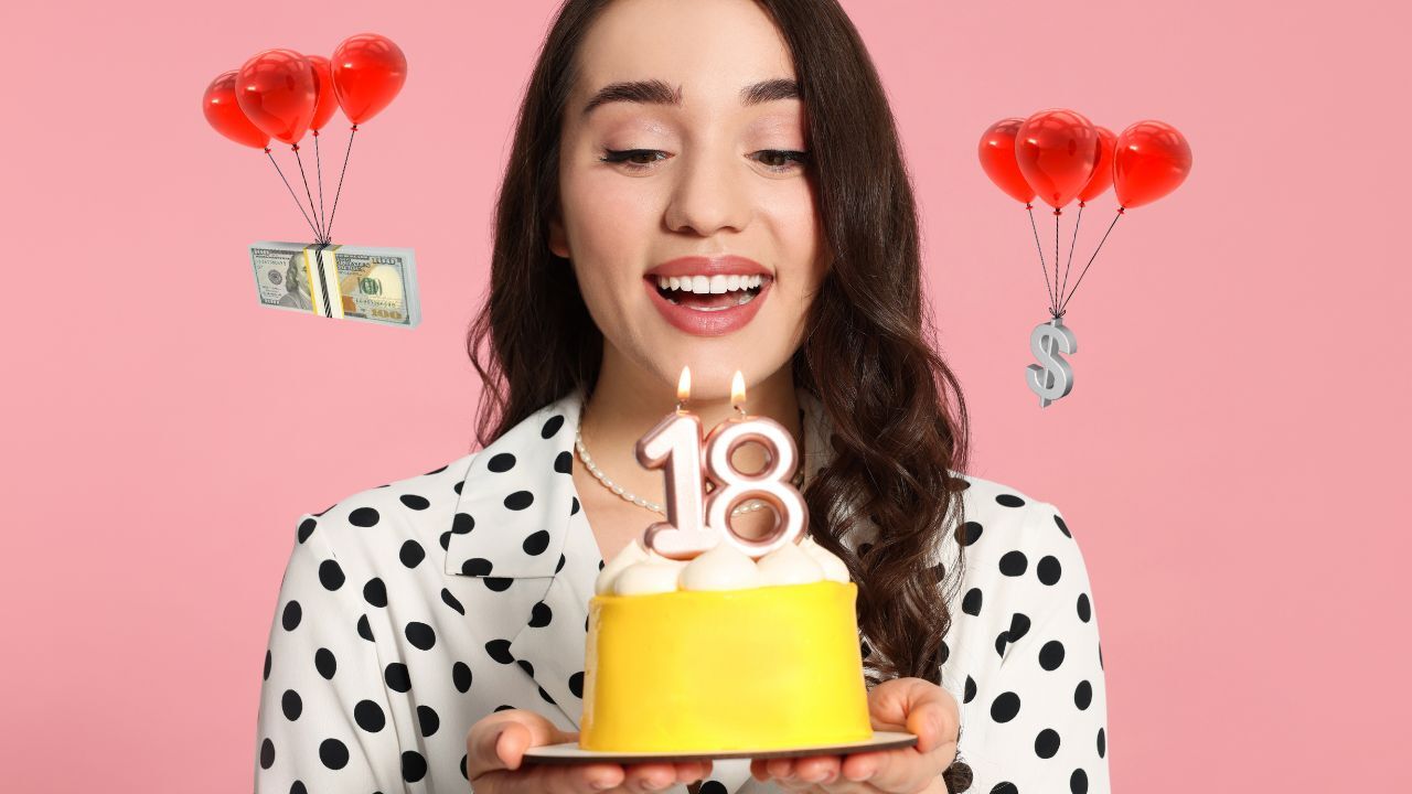 Mladá žena drží číslo 18 jako symbol finanční dospělosti a převzetí kontroly nad majetkem.
