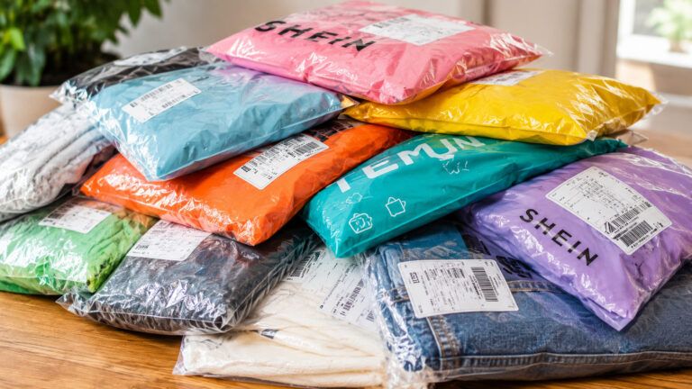 Barevné balíčky s oblečením z čínských e-shopů Temu, Shein a AliExpress