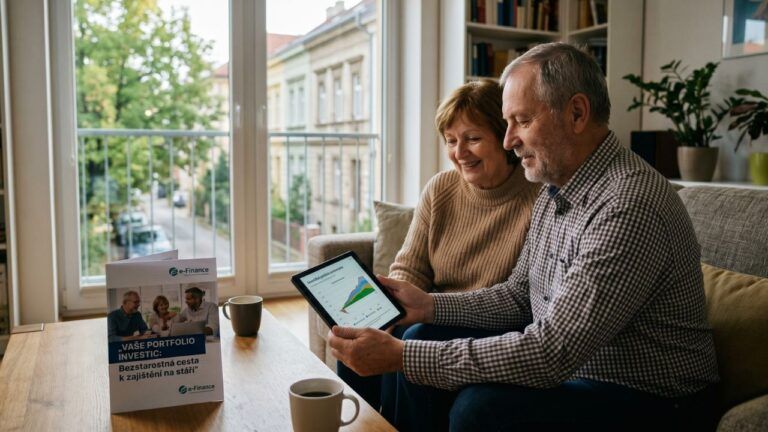 Muž a žena sledují na notebooku portfolio investic v moderním domácím prostředí.