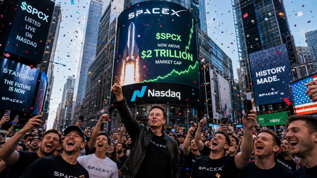 Elon Musk slaví rekordní vstup společnosti SpaceX na burzu Nasdaq v Times Square.