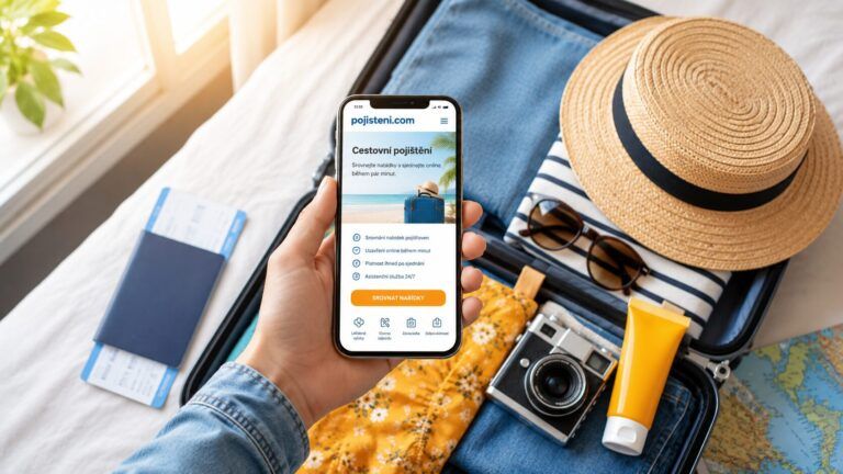 Muž drží mobil s online sjednáním cestovního pojištění vedle otevřeného kufru připraveného na dovolenou.