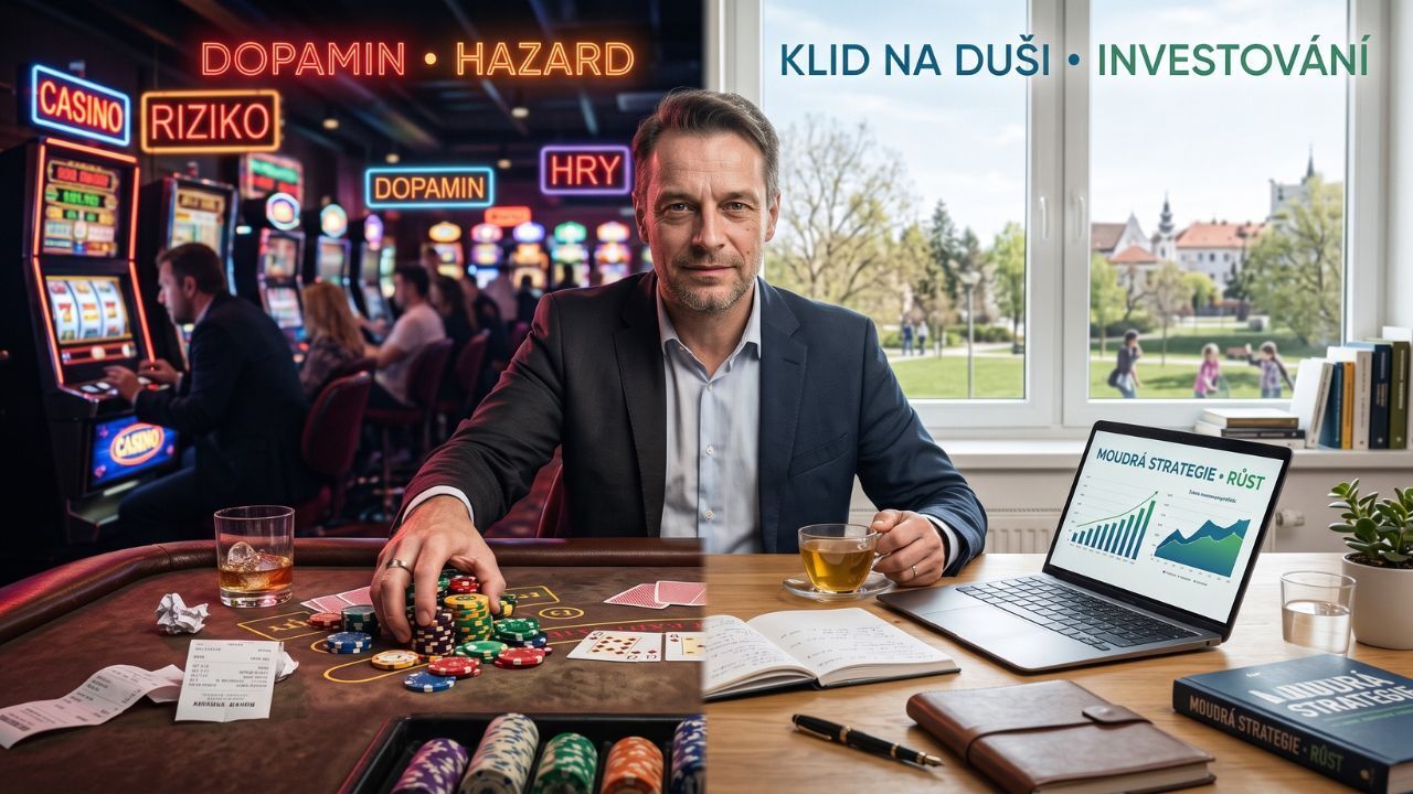 Muž hrající poker v kasinu jako ukázka hazardu, jehož opakem je dlouhodobé investování