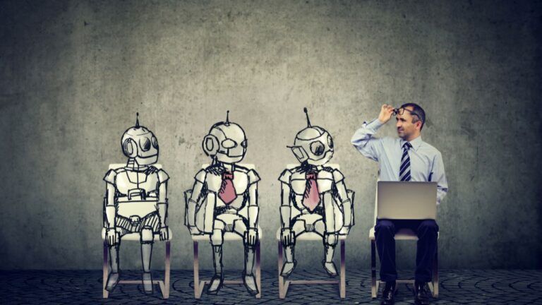 Muž u notebooku sedí naproti řadě robotů, ilustrace lidského úsudku ve světě investic a umělé inteligence