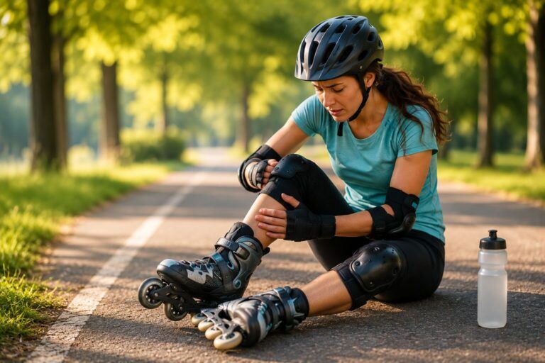 Pojištění inline bruslí – bruslařka po pádu na cyklostezce s ochrannou helmou a chrániči.