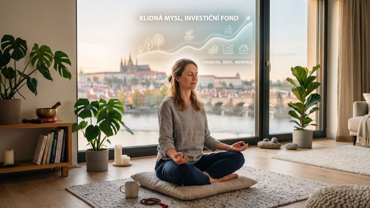Meditace a investování: žena medituje v klidném domácím prostředí