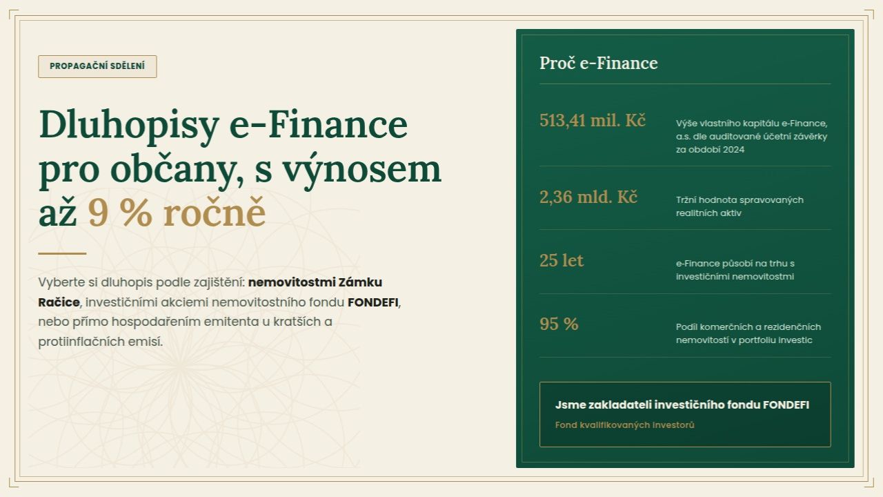 Přehled nabídky dluhopisů e-Finance pro občany s úrokovými sazbami a splatnostmi.