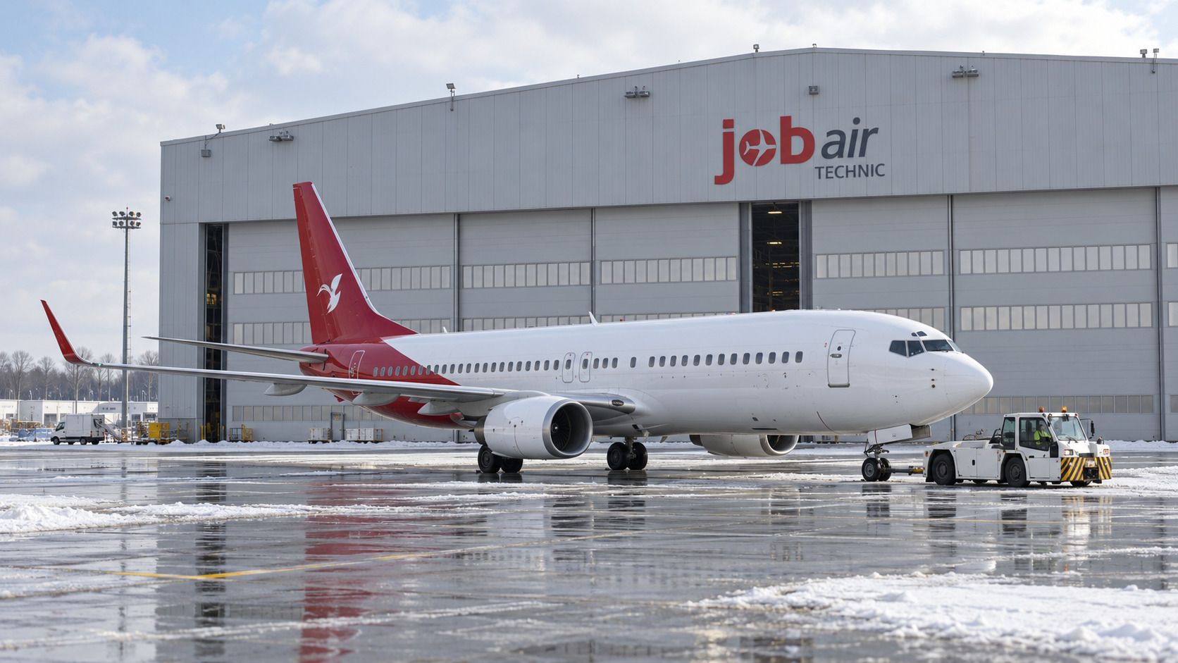 Ilustrace dopravního letadla s tahačem před hangárem s logem Job Air Technic.