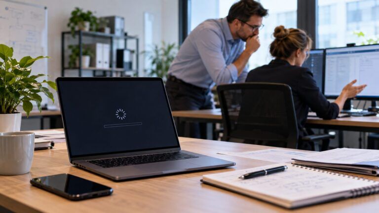 Zaměstnanci firmy řeší výpadek počítačového systému v kanceláři
