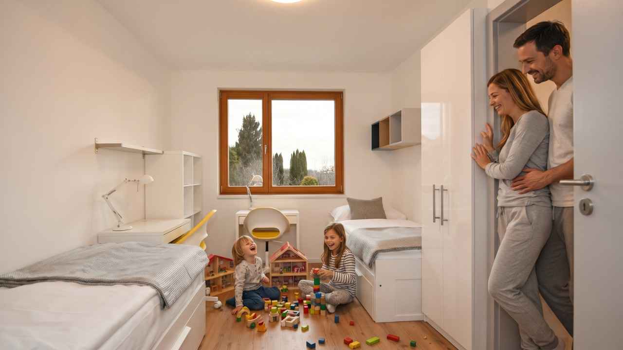 Rodina při společné snídani v apartmánu s kuchyňkou
