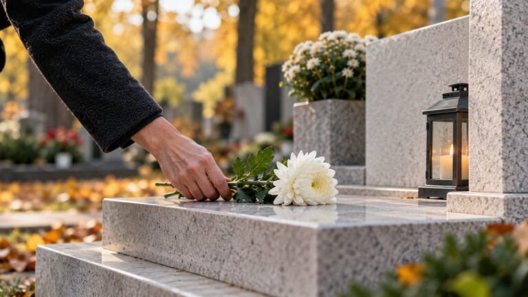 Udržovaný kamenný náhrobek s lucernou při podzimní návštěvě hřbitova