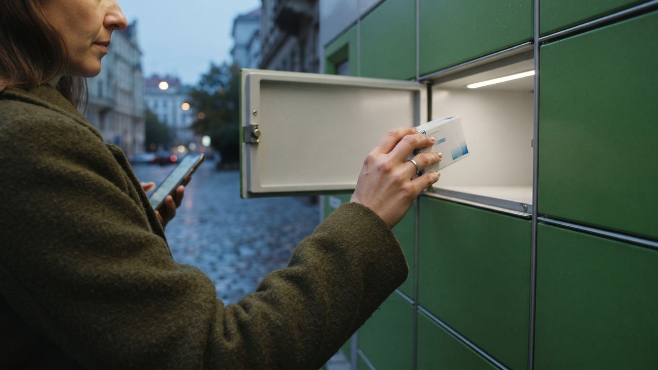 Žena vytahuje krabičku léku z otevřené schránky zeleného výdejního boxu.