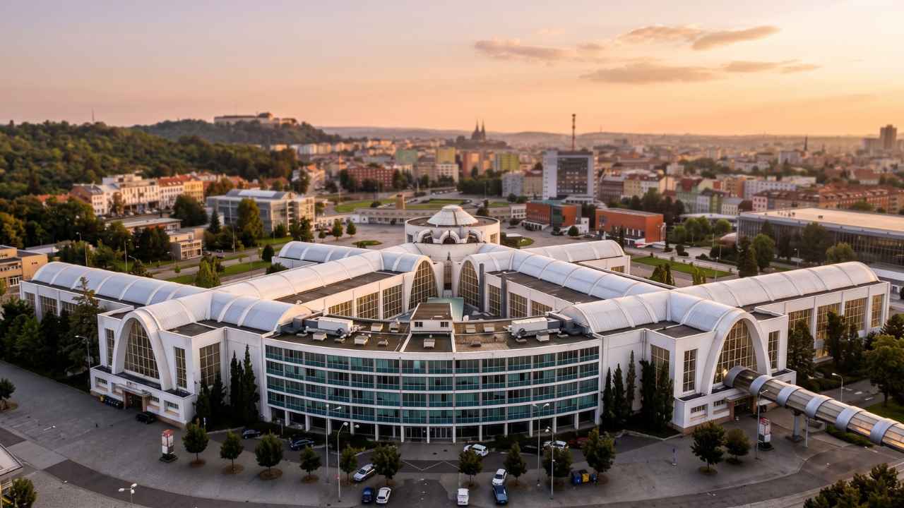 Brněnské výstaviště při západu slunce, místo konání Mezinárodního strojírenského veletrhu.