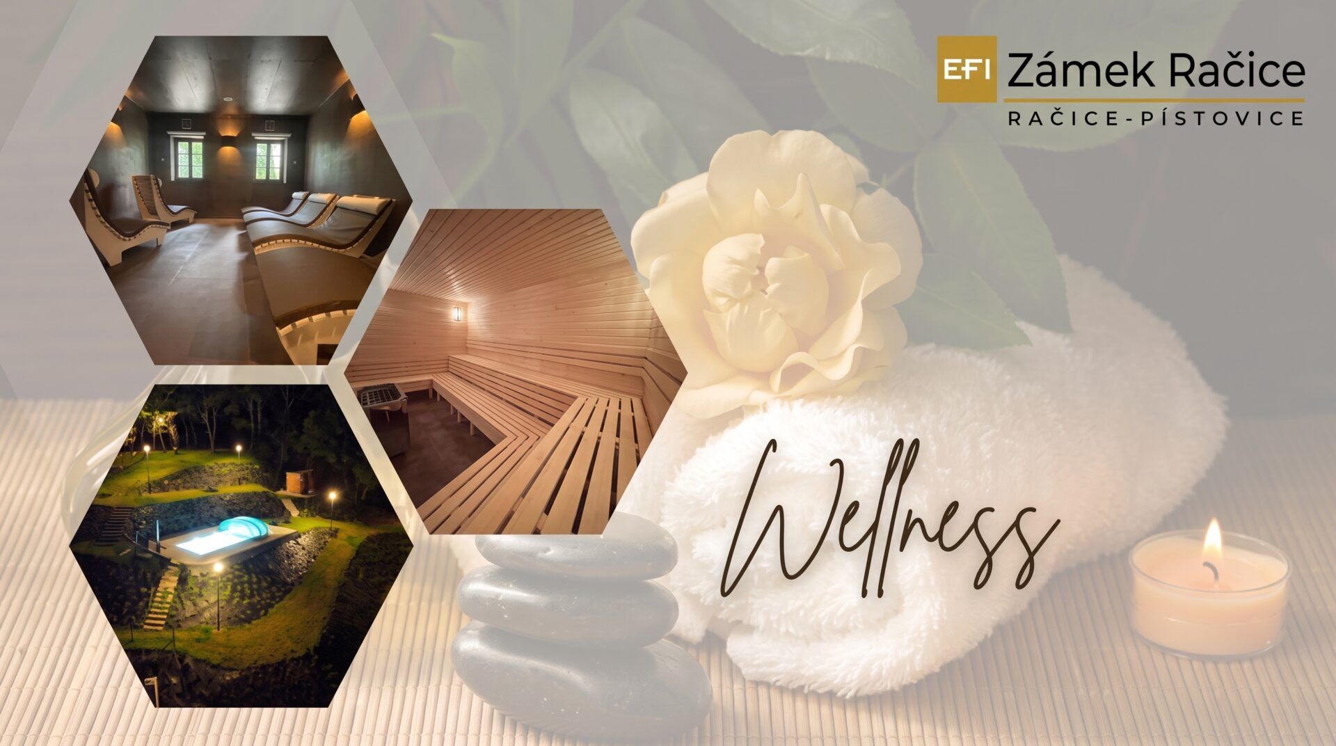 Dárkový voucher do wellness Zámek Račice s fotografiemi wellness a motivem růže