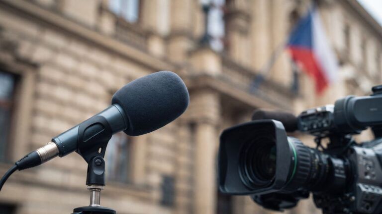 Rozhlasový mikrofon a televizní kamera před Sněmovnou jako ilustrace debaty o zrušení koncesionářských poplatků.