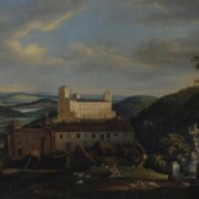 Pohled na račický zámek po první přestavbě v roce 1846. Obraz od Fr. Richtera.